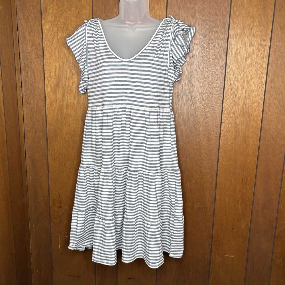 Max Studio Dress Women's L Blue White Tiered Ruffle Sleeve Boho Cottagecore